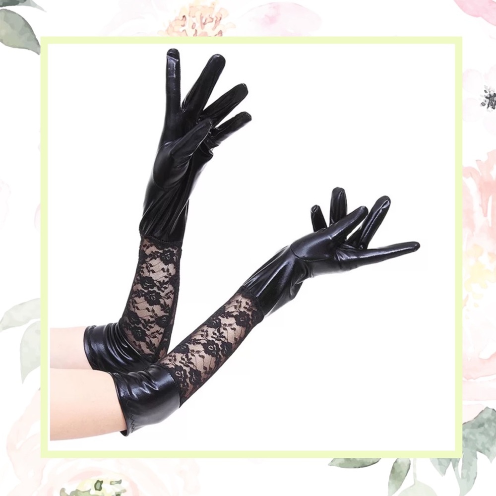 🌸 LATEX GLOVES MIDI LACE BURLESQUE DIVA BLACK FANCY ELEGANT CHIC BABE GOTHIC